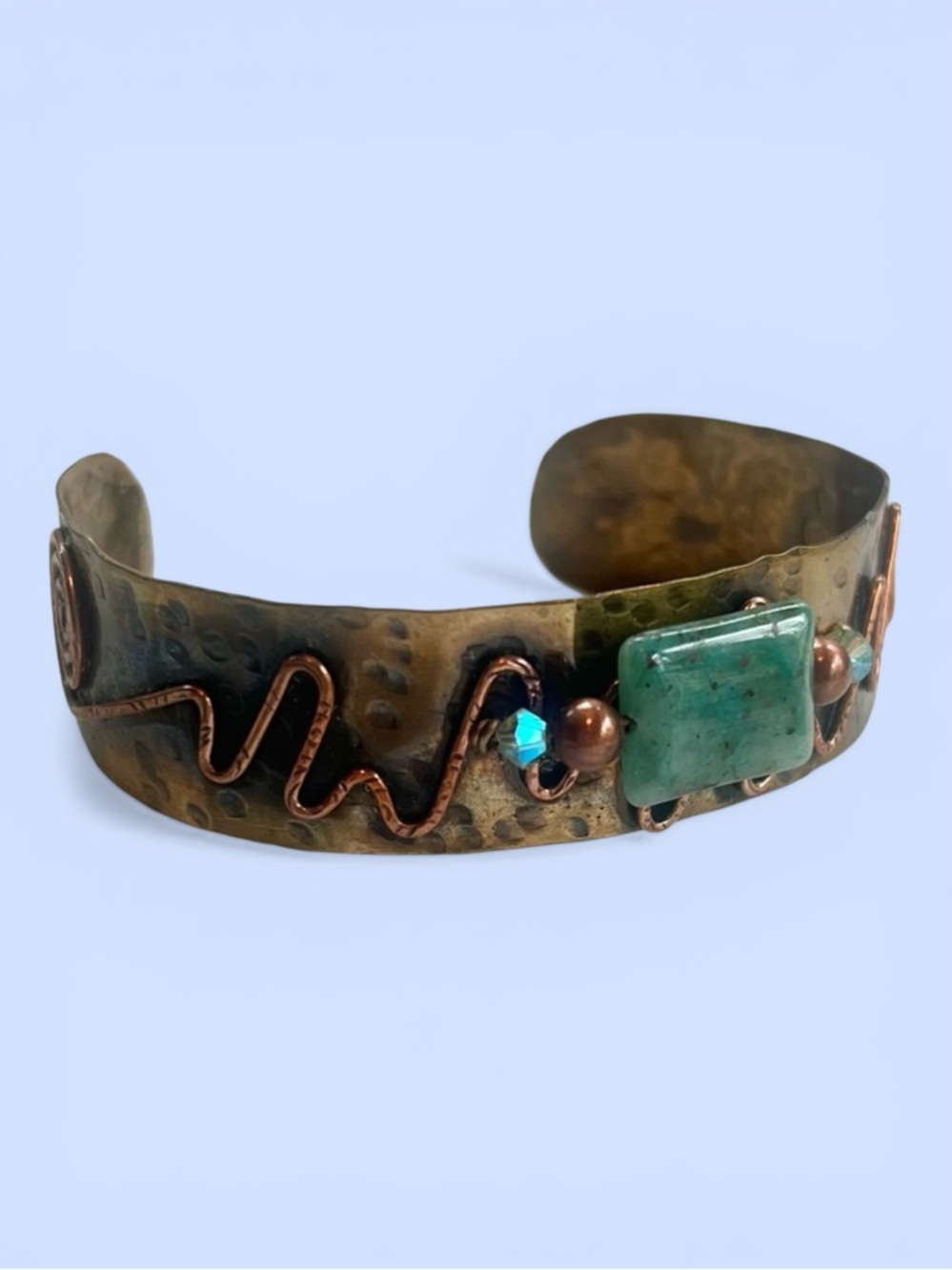 Artisan Hammered Brass Copper Ocean Green Chrysocolla Cuff Bracelet‎ Mixed Metal